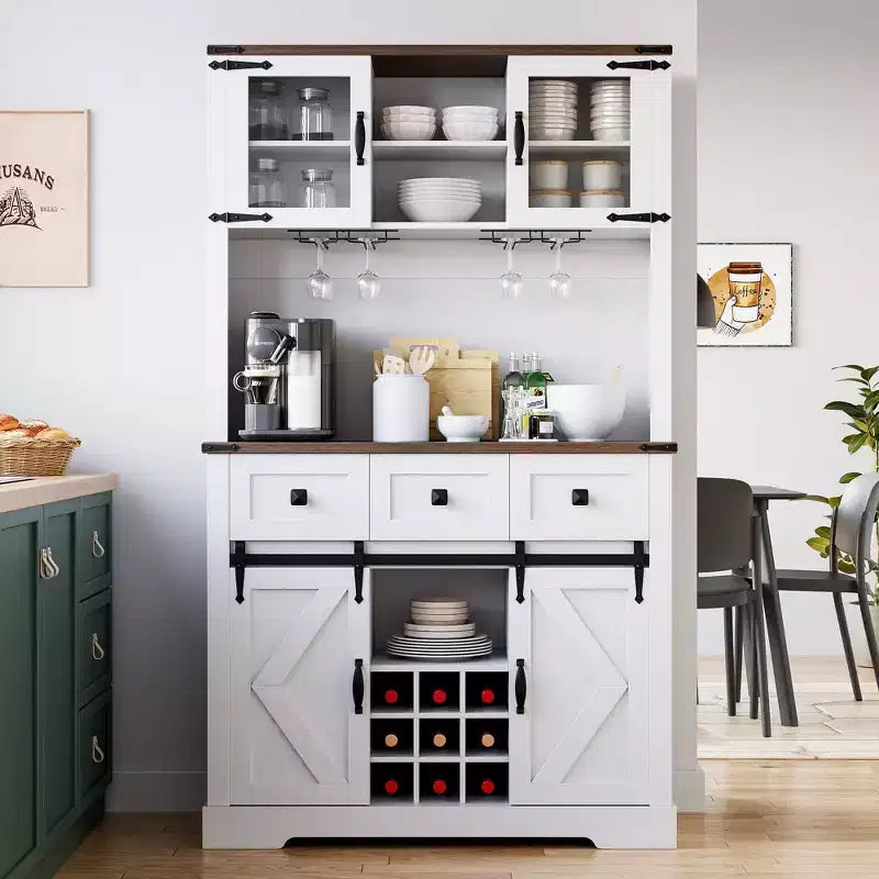 72" Tall Kitchen Pantry Cabinet with Sliding Barn Door, Buffet Sideboard with Microwave Stand and 3 Drawers
