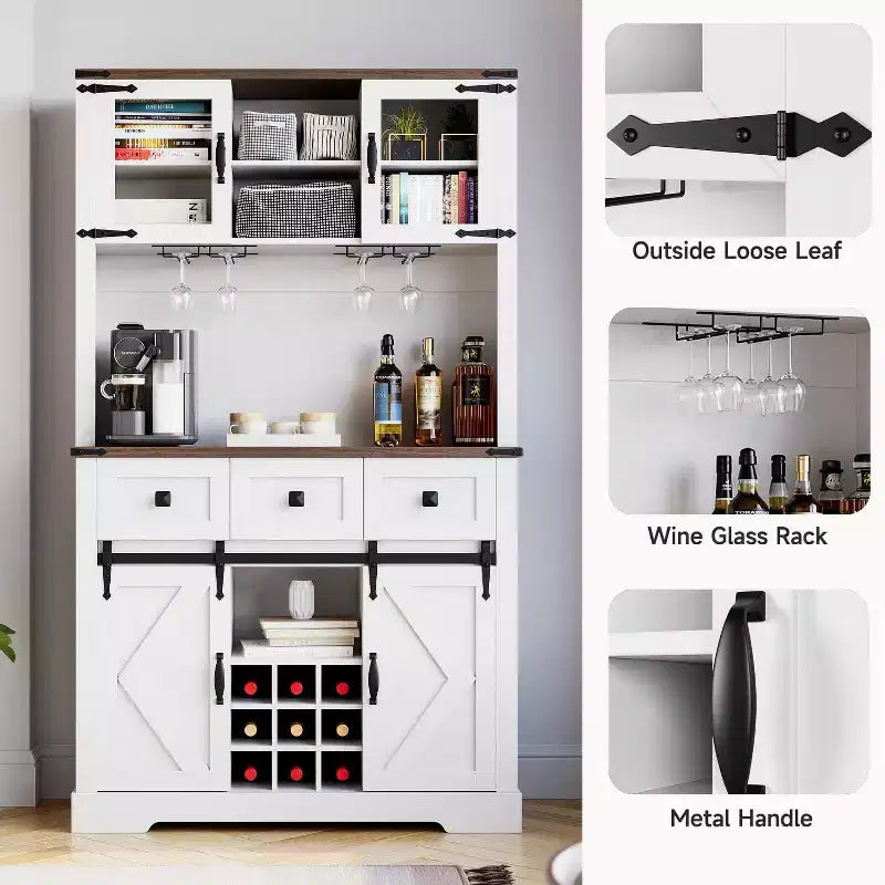 72" Tall Kitchen Pantry Cabinet with Sliding Barn Door, Buffet Sideboard with Microwave Stand and 3 Drawers