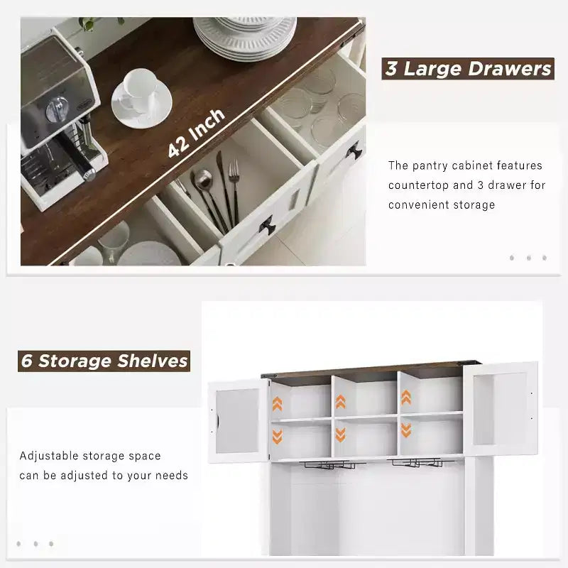 72" Tall Kitchen Pantry Cabinet with Sliding Barn Door, Buffet Sideboard with Microwave Stand and 3 Drawers