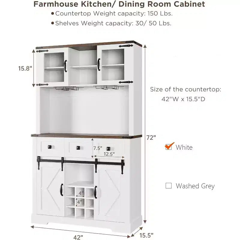 72" Tall Kitchen Pantry Cabinet with Sliding Barn Door, Buffet Sideboard with Microwave Stand and 3 Drawers