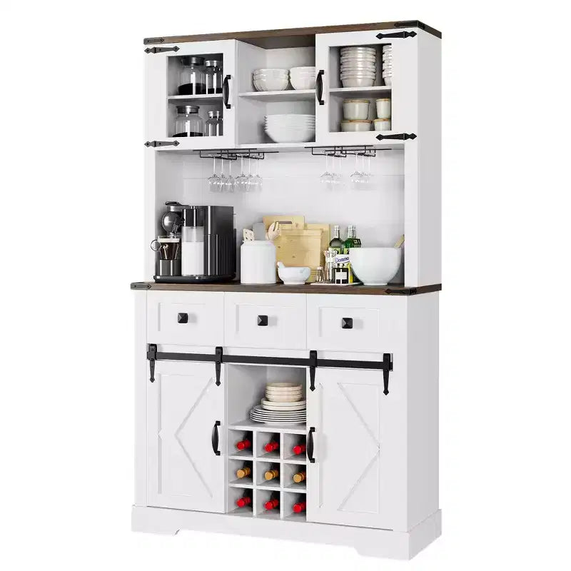 72" Tall Kitchen Pantry Cabinet with Sliding Barn Door, Buffet Sideboard with Microwave Stand and 3 Drawers