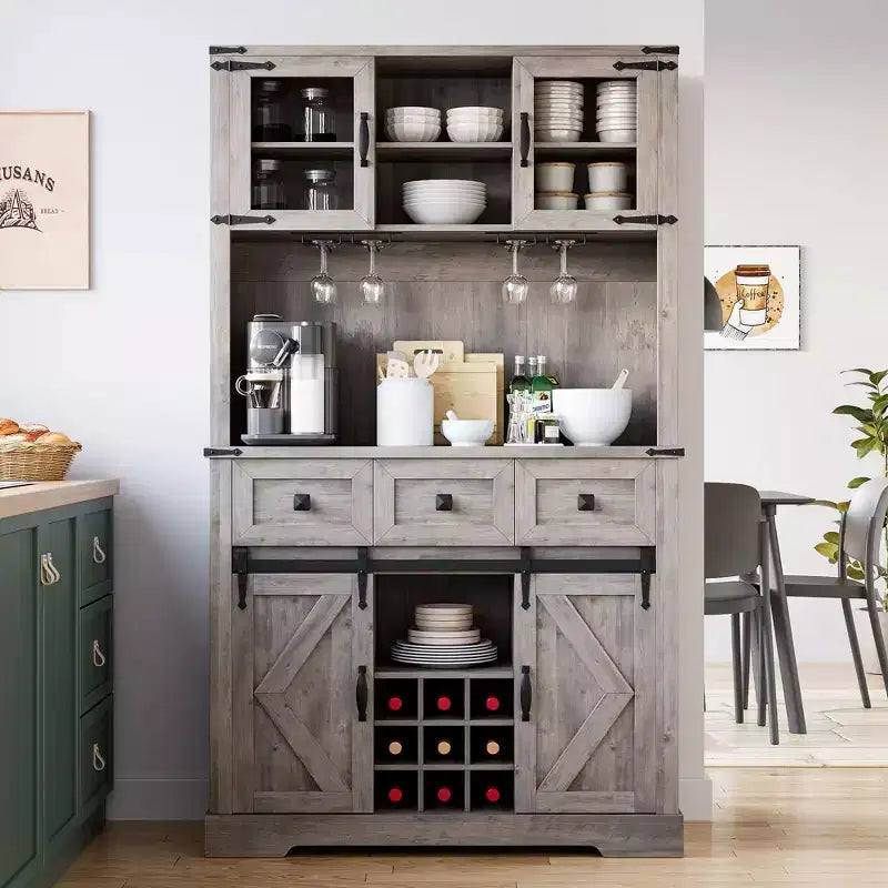 72" Tall Kitchen Pantry Cabinet with Sliding Barn Door, Buffet Sideboard with Microwave Stand and 3 Drawers