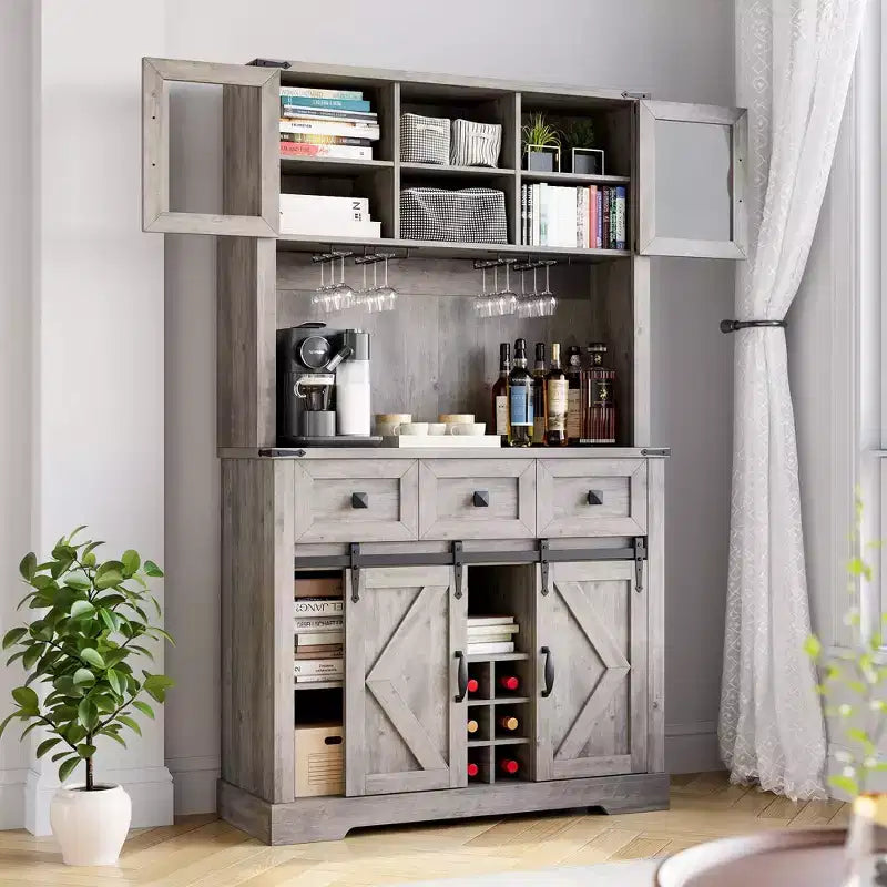 72" Tall Kitchen Pantry Cabinet with Sliding Barn Door, Buffet Sideboard with Microwave Stand and 3 Drawers