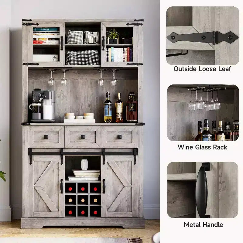 72" Tall Kitchen Pantry Cabinet with Sliding Barn Door, Buffet Sideboard with Microwave Stand and 3 Drawers