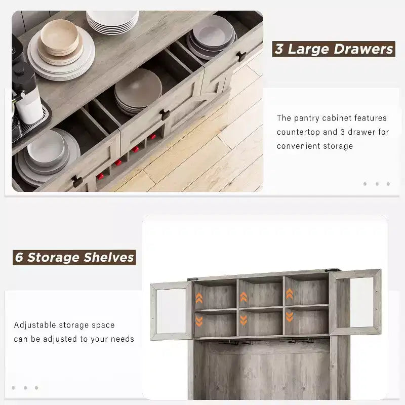 72" Tall Kitchen Pantry Cabinet with Sliding Barn Door, Buffet Sideboard with Microwave Stand and 3 Drawers