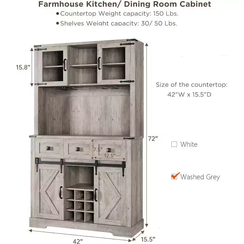 72" Tall Kitchen Pantry Cabinet with Sliding Barn Door, Buffet Sideboard with Microwave Stand and 3 Drawers