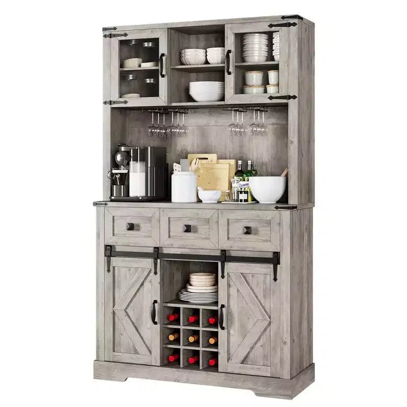 72" Tall Kitchen Pantry Cabinet with Sliding Barn Door, Buffet Sideboard with Microwave Stand and 3 Drawers