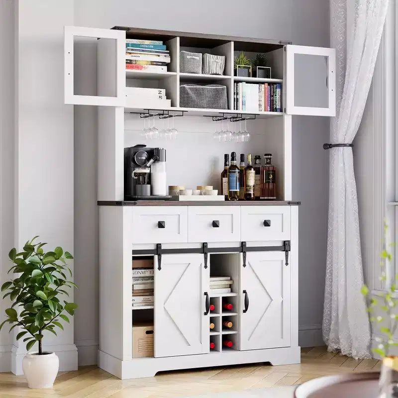 72" Tall Kitchen Pantry Cabinet with Sliding Barn Door, Buffet Sideboard with Microwave Stand and 3 Drawers