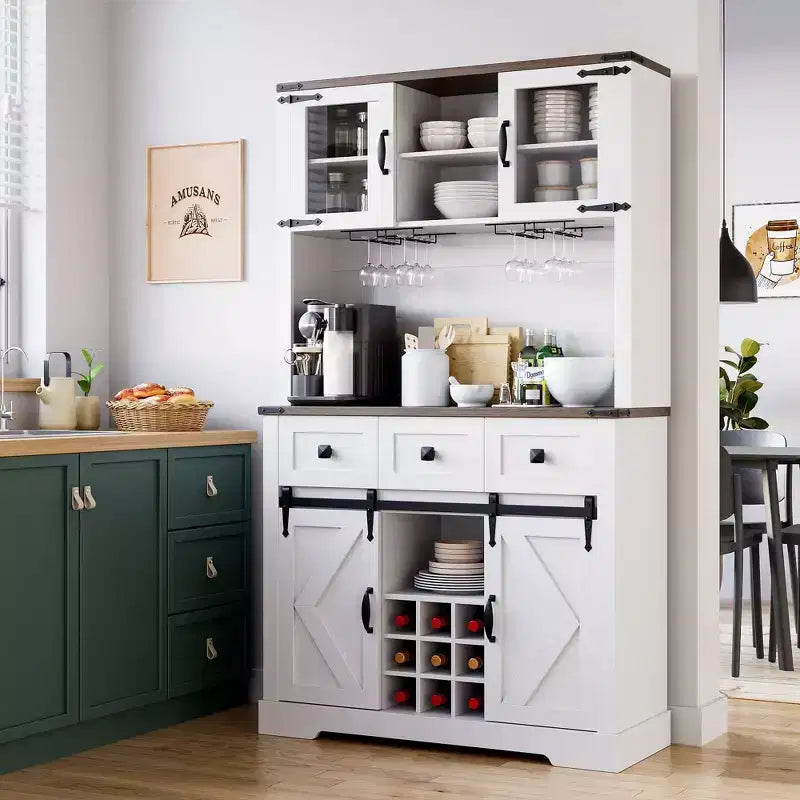 72" Tall Kitchen Pantry Cabinet with Sliding Barn Door, Buffet Sideboard with Microwave Stand and 3 Drawers