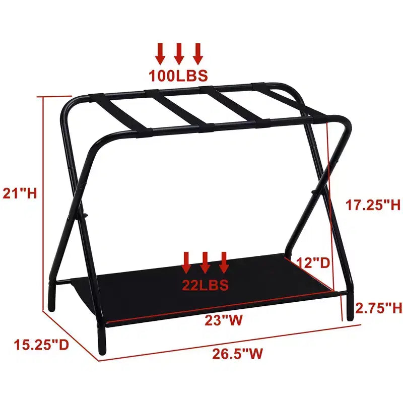Folding Luggage Rack, Stylish Suitcase Stand With Storage Shelf, Black