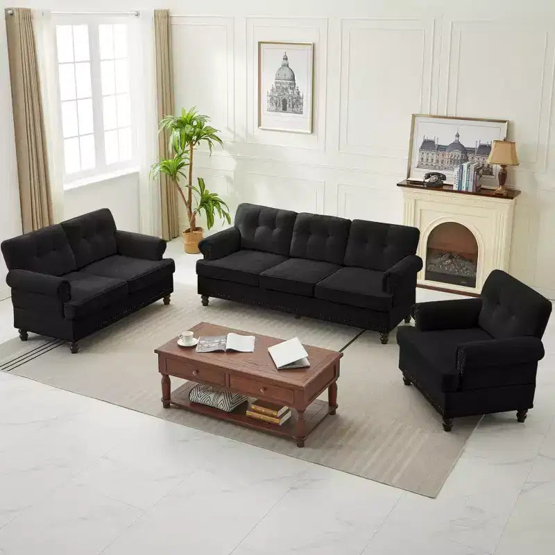 Chenille 3-Pieces Living Room Sofa Set with 3-Seat Couch, 2-Seat Loveseat, Single Sofa Chair