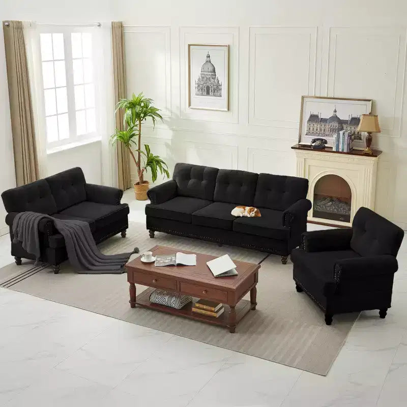 Chenille 3-Pieces Living Room Sofa Set with 3-Seat Couch, 2-Seat Loveseat, Single Sofa Chair
