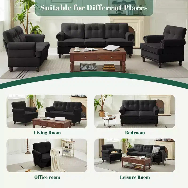 Chenille 3-Pieces Living Room Sofa Set with 3-Seat Couch, 2-Seat Loveseat, Single Sofa Chair