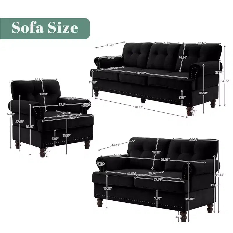 Chenille 3-Pieces Living Room Sofa Set with 3-Seat Couch, 2-Seat Loveseat, Single Sofa Chair