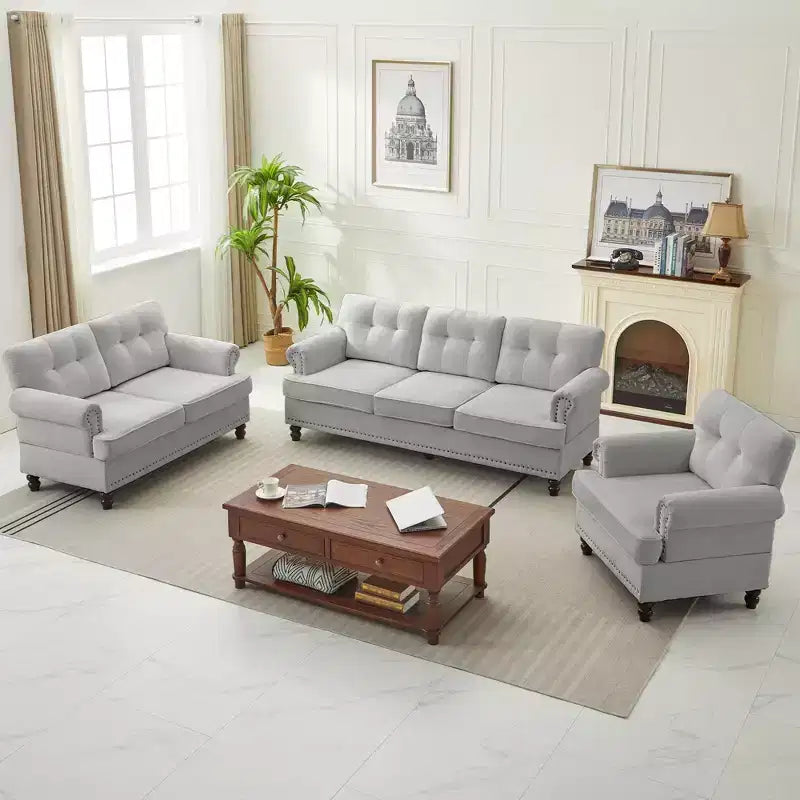 Chenille 3-Pieces Living Room Sofa Set with 3-Seat Couch, 2-Seat Loveseat, Single Sofa Chair