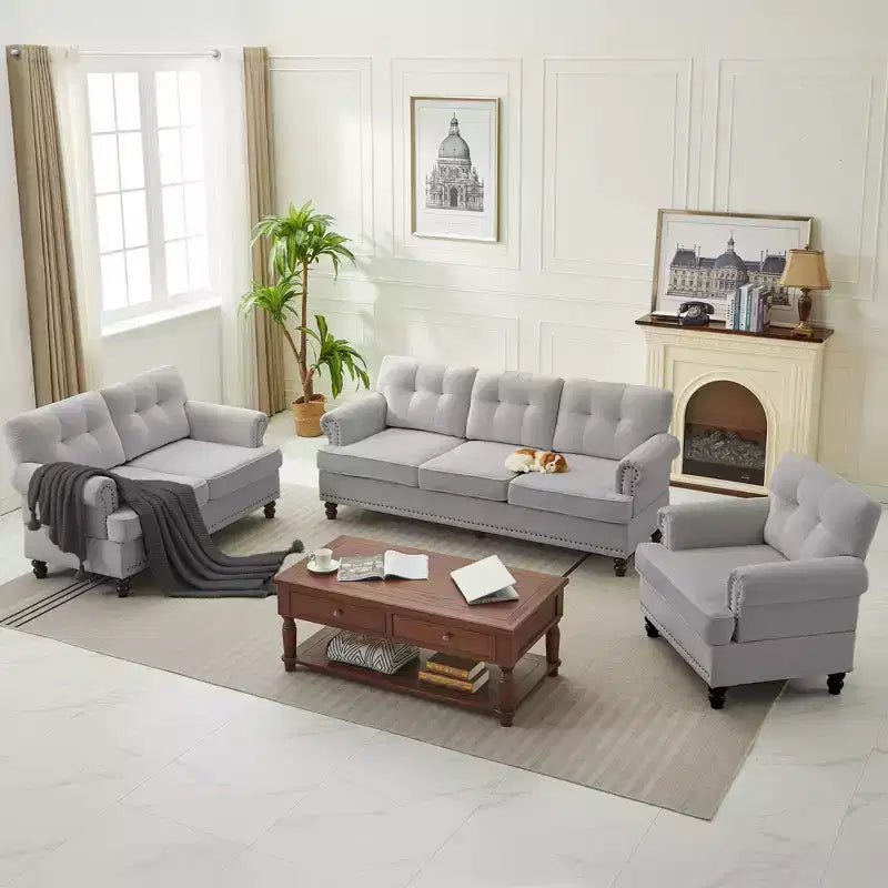 Chenille 3-Pieces Living Room Sofa Set with 3-Seat Couch, 2-Seat Loveseat, Single Sofa Chair