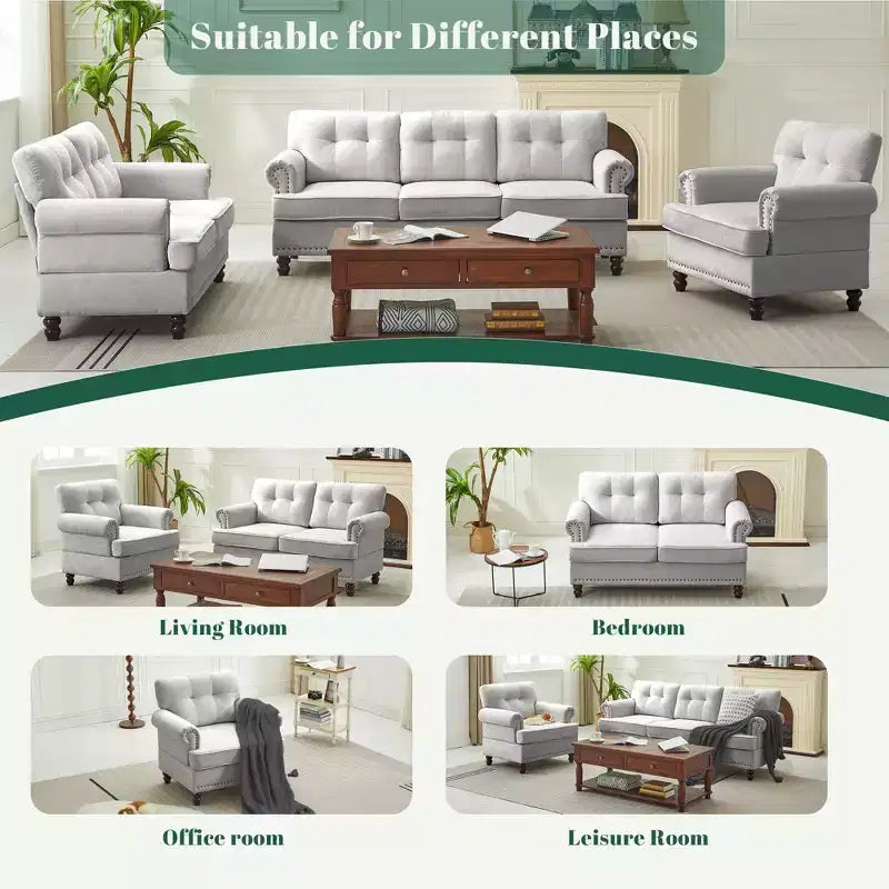 Chenille 3-Pieces Living Room Sofa Set with 3-Seat Couch, 2-Seat Loveseat, Single Sofa Chair