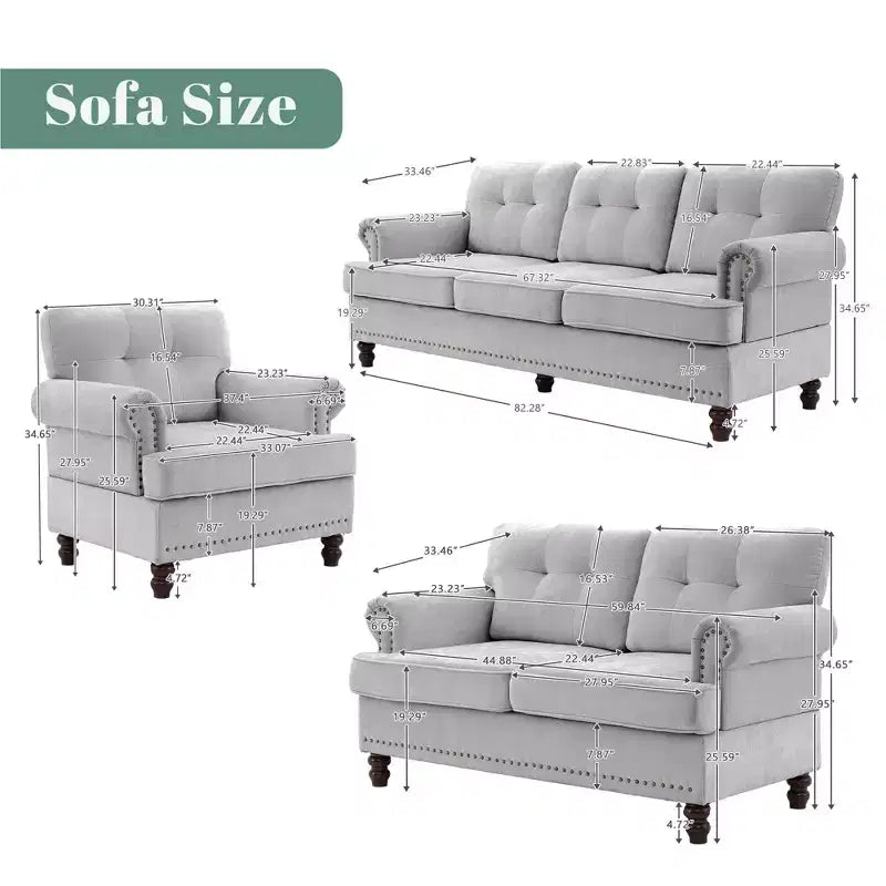 Chenille 3-Pieces Living Room Sofa Set with 3-Seat Couch, 2-Seat Loveseat, Single Sofa Chair