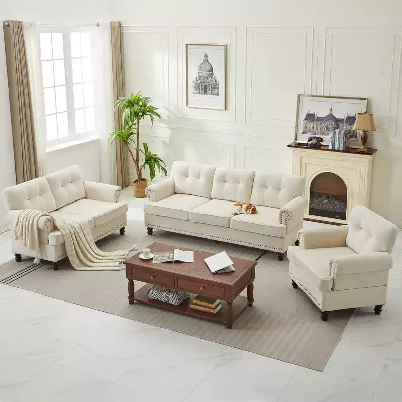 Chenille 3-Pieces Living Room Sofa Set with 3-Seat Couch, 2-Seat Loveseat, Single Sofa Chair