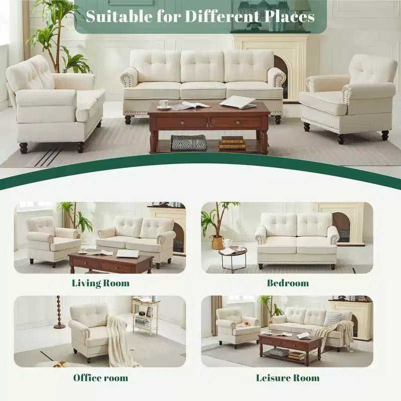 Chenille 3-Pieces Living Room Sofa Set with 3-Seat Couch, 2-Seat Loveseat, Single Sofa Chair