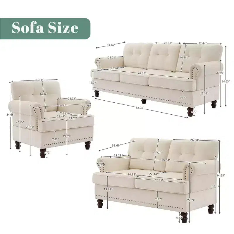 Chenille 3-Pieces Living Room Sofa Set with 3-Seat Couch, 2-Seat Loveseat, Single Sofa Chair