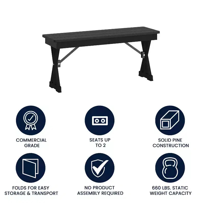 40 x 12 Black Wash Commercial Antique Solid Pine Farmhouse Folding Bench with Foldable Locking X-Legs