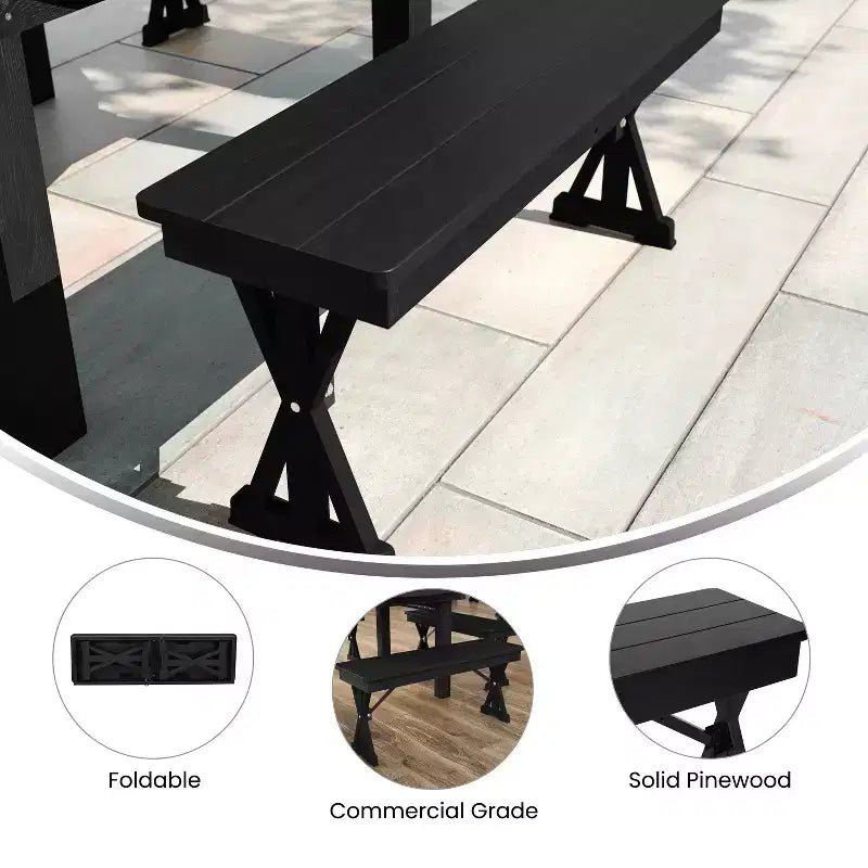 40 x 12 Black Wash Commercial Antique Solid Pine Farmhouse Folding Bench with Foldable Locking X-Legs