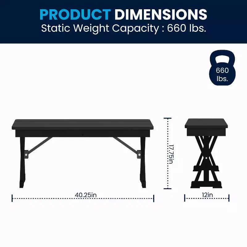 40 x 12 Black Wash Commercial Antique Solid Pine Farmhouse Folding Bench with Foldable Locking X-Legs