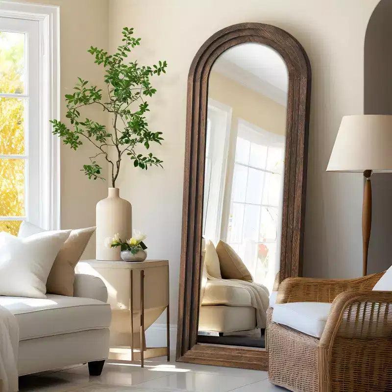 21 in. W x 64 in. H Classic Arched Solid Wood Framed Mirror in Brown