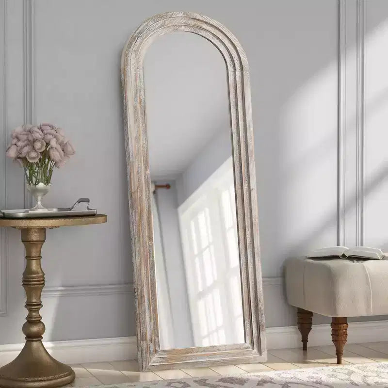 21 in. W x 64 in. H Classic Arched Solid Wood Framed Mirror in Brown