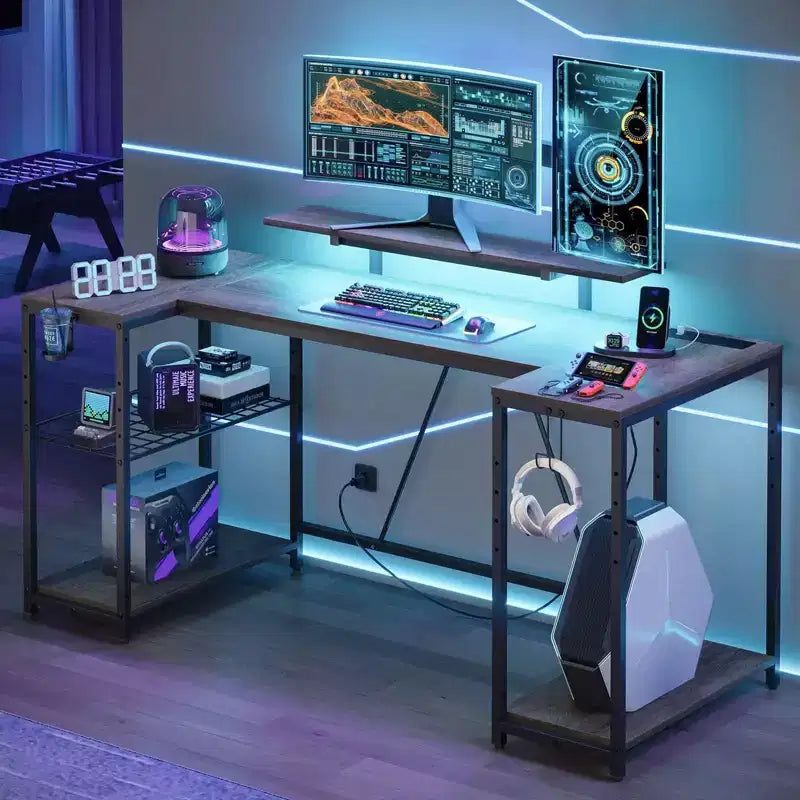 63 Inch U Shaped LED Gaming Desk with Power Outlets