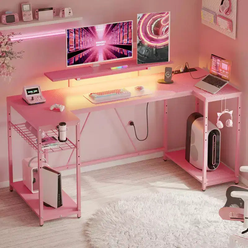 63 Inch U Shaped LED Gaming Desk with Power Outlets
