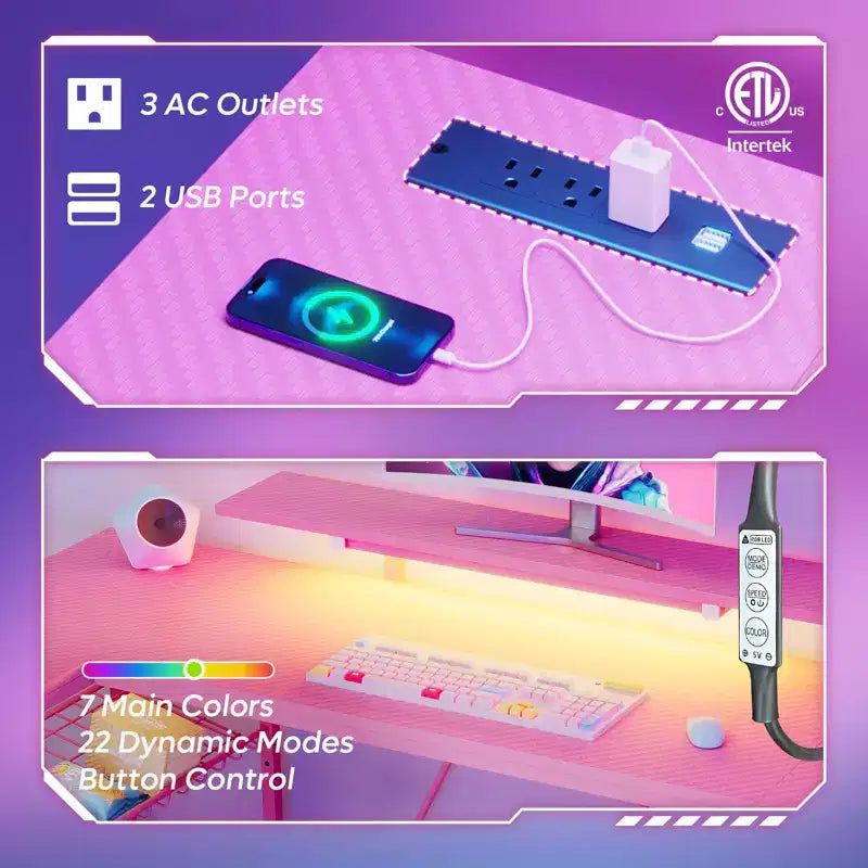 63 Inch U Shaped LED Gaming Desk with Power Outlets