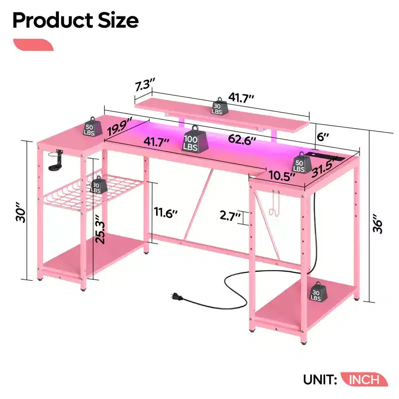 63 Inch U Shaped LED Gaming Desk with Power Outlets