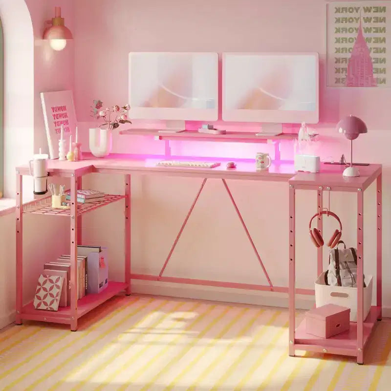 63 Inch U Shaped LED Gaming Desk with Power Outlets