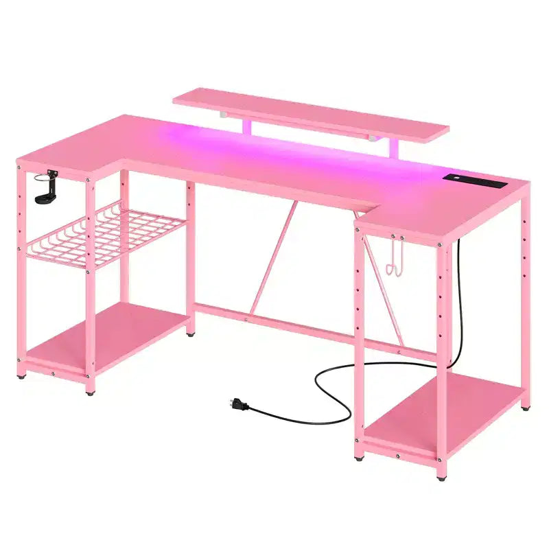 63 Inch U Shaped LED Gaming Desk with Power Outlets