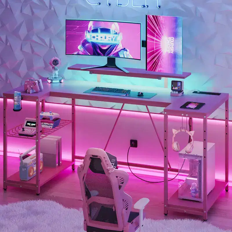63 Inch U Shaped LED Gaming Desk with Power Outlets
