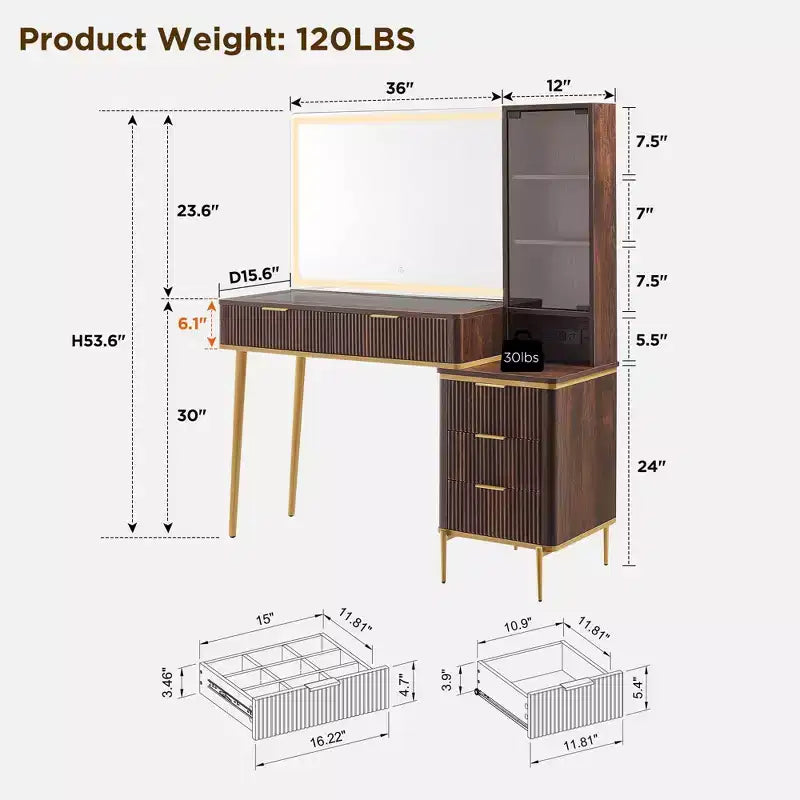 Fluted Makeup Vanity Tables with 36 HD Lighted Mirror, 48 Big Modern Vanity Desk with Glass Top & 5 Drawers & Shelves, Dressing Table