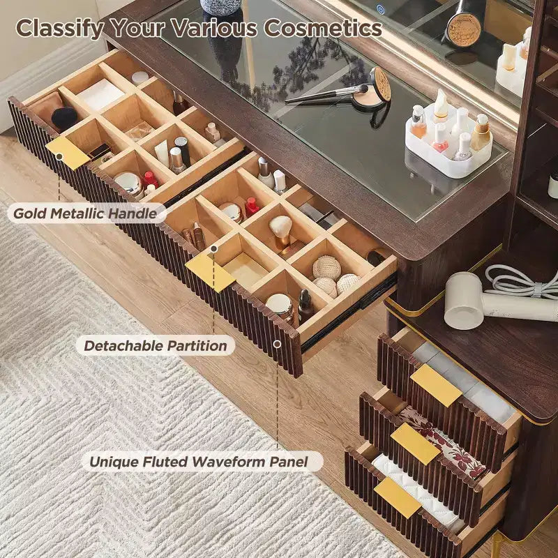 Fluted Makeup Vanity Tables with 36 HD Lighted Mirror, 48 Big Modern Vanity Desk with Glass Top & 5 Drawers & Shelves, Dressing Table