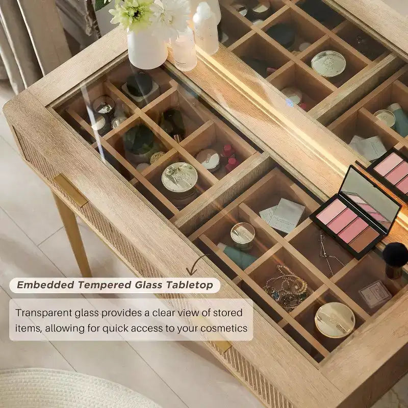 Fluted Makeup Vanity Tables with 36 HD Lighted Mirror, 48 Big Modern Vanity Desk with Glass Top & 5 Drawers & Shelves, Dressing Table