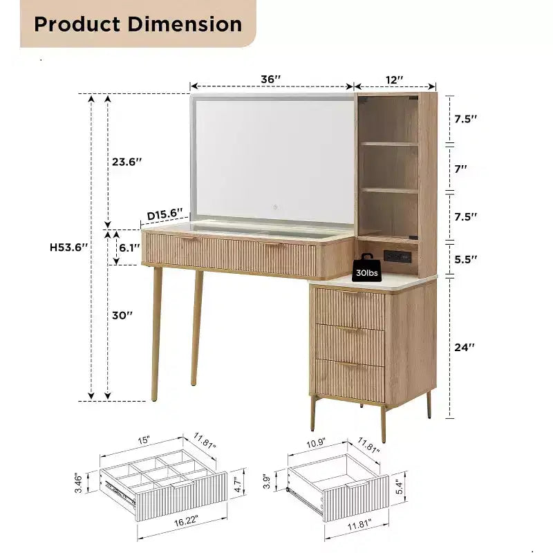 Fluted Makeup Vanity Tables with 36 HD Lighted Mirror, 48 Big Modern Vanity Desk with Glass Top & 5 Drawers & Shelves, Dressing Table