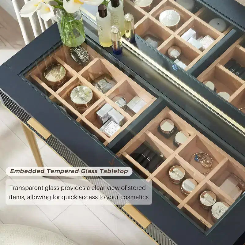 Fluted Makeup Vanity Tables with 36 HD Lighted Mirror, 48 Big Modern Vanity Desk with Glass Top & 5 Drawers & Shelves, Dressing Table