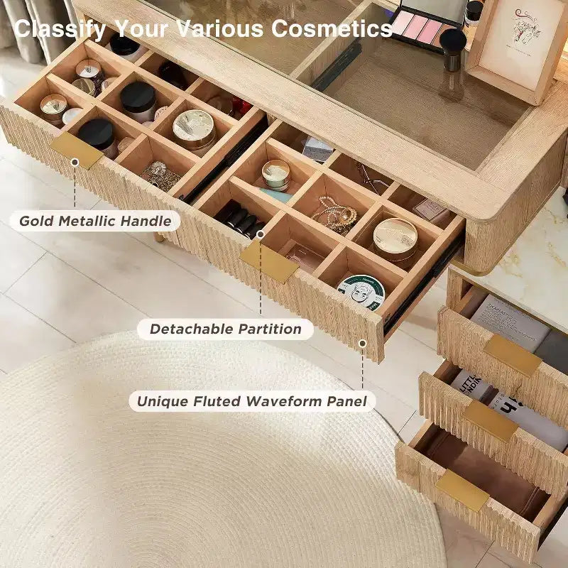 Fluted Makeup Vanity Tables with 36 HD Lighted Mirror, 48 Big Modern Vanity Desk with Glass Top & 5 Drawers & Shelves, Dressing Table