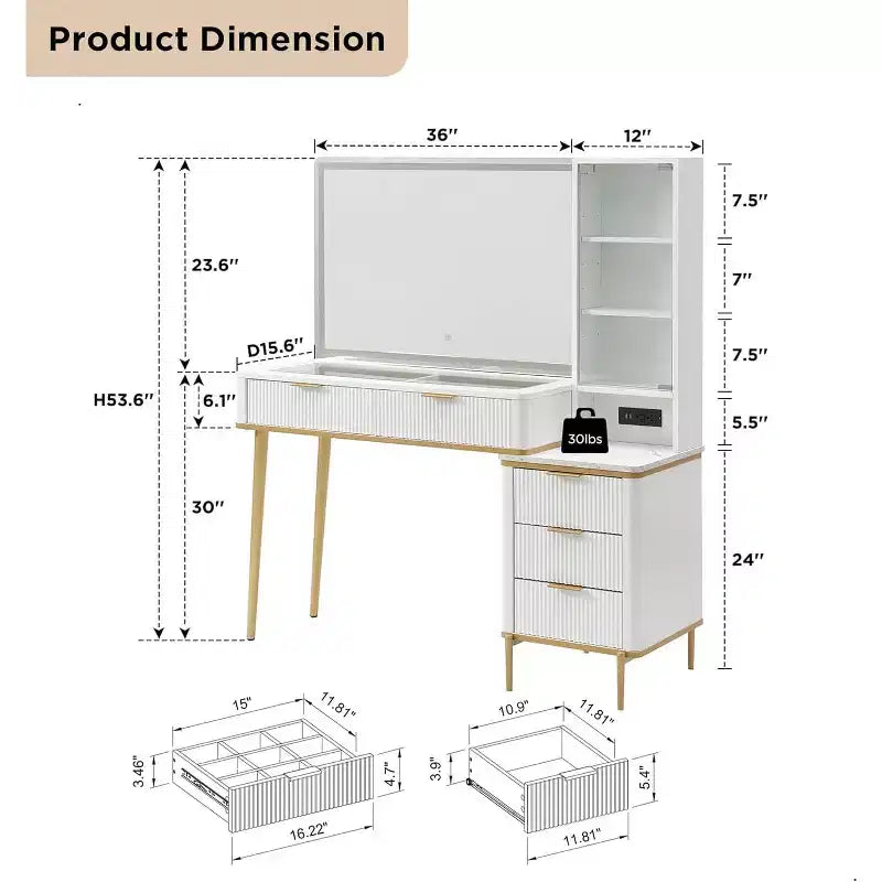 Fluted Makeup Vanity Tables with 36 HD Lighted Mirror, 48 Big Modern Vanity Desk with Glass Top & 5 Drawers & Shelves, Dressing Table