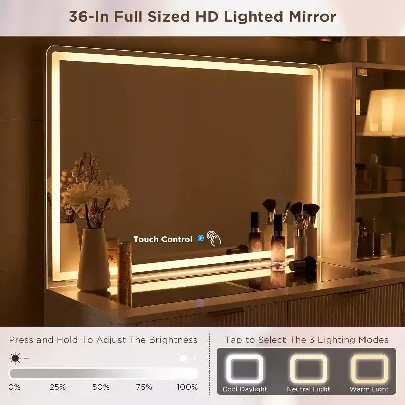 Fluted Makeup Vanity Tables with 36 HD Lighted Mirror, 48 Big Modern Vanity Desk with Glass Top & 5 Drawers & Shelves, Dressing Table