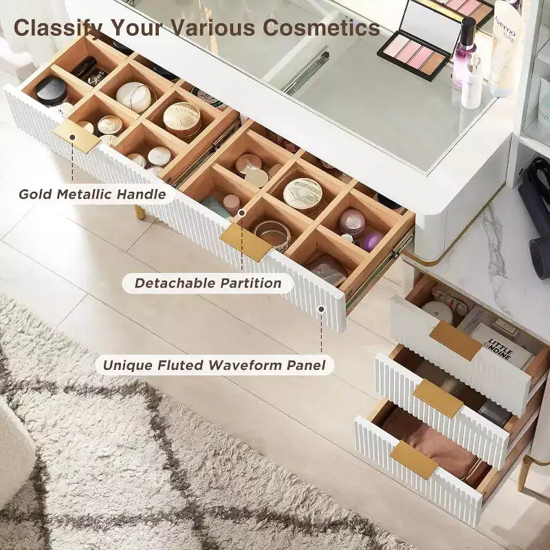 Fluted Makeup Vanity Tables with 36 HD Lighted Mirror, 48 Big Modern Vanity Desk with Glass Top & 5 Drawers & Shelves, Dressing Table