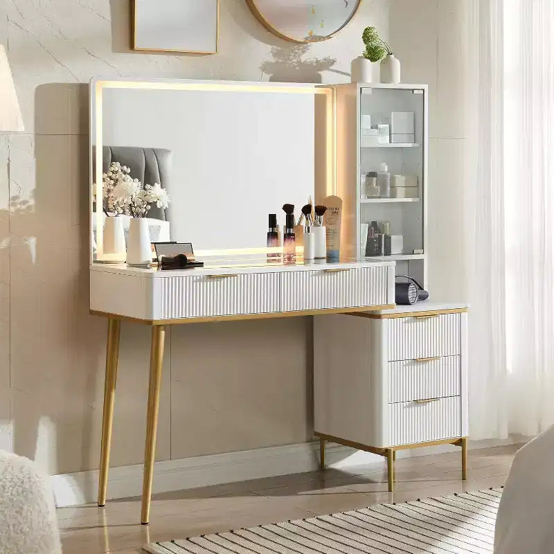 Fluted Makeup Vanity Tables with 36 HD Lighted Mirror, 48 Big Modern Vanity Desk with Glass Top & 5 Drawers & Shelves, Dressing Table
