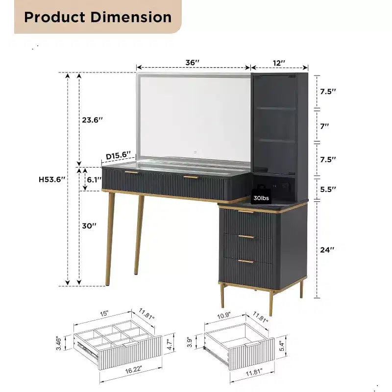 Fluted Makeup Vanity Tables with 36 HD Lighted Mirror, 48 Big Modern Vanity Desk with Glass Top & 5 Drawers & Shelves, Dressing Table