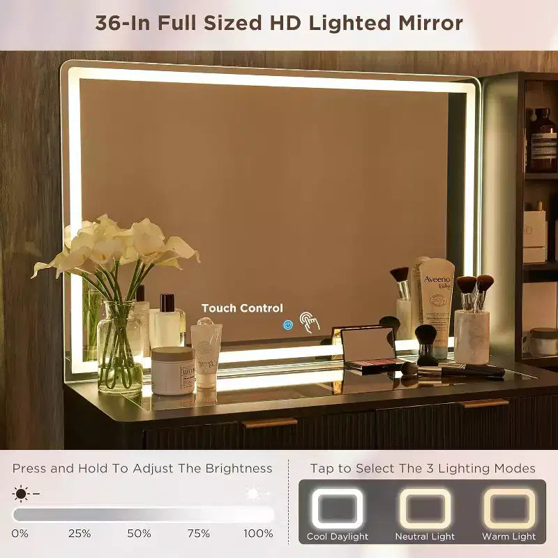 Fluted Makeup Vanity Tables with 36 HD Lighted Mirror, 48 Big Modern Vanity Desk with Glass Top & 5 Drawers & Shelves, Dressing Table