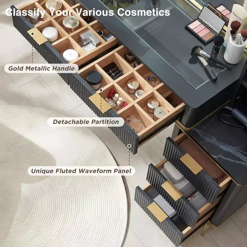 Fluted Makeup Vanity Tables with 36 HD Lighted Mirror, 48 Big Modern Vanity Desk with Glass Top & 5 Drawers & Shelves, Dressing Table